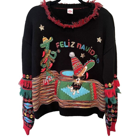 Women’s Feliz Navidad Ugly Christmas Sweater Size Large Holiday Time Sequins - Picture 1 of 6
